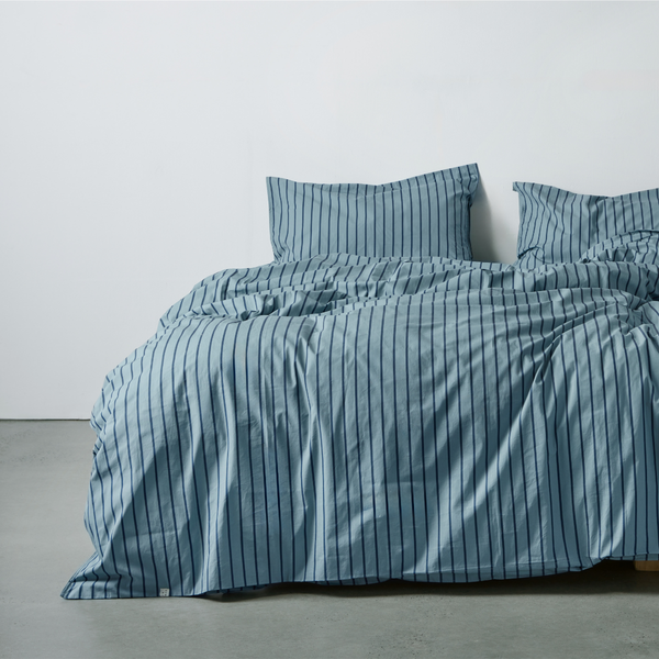 Organic Cotton Percale 300TC Duvet Cover in Mineral & Navy Stripe