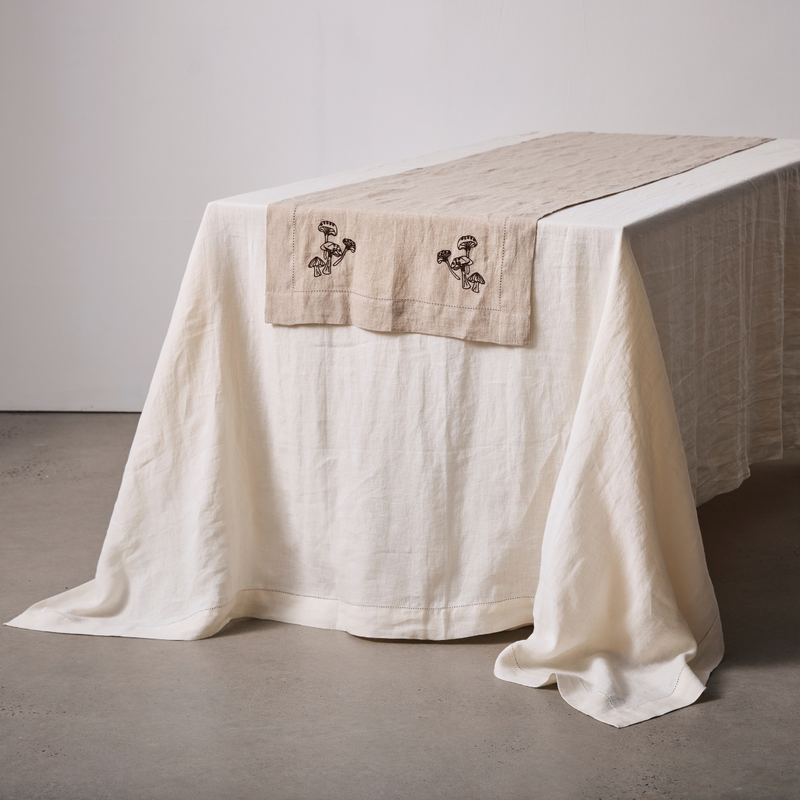 100% Linen Table Runner with Hem Stitch & Embroidery Detail in Natural