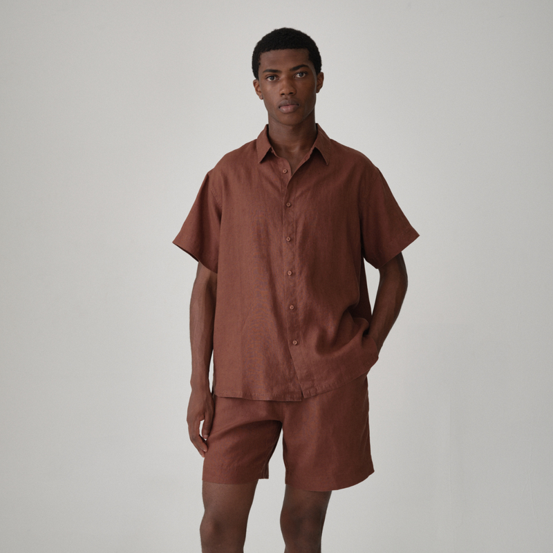 100% Linen Short Sleeve Sleepwear Set in Cocoa - Mens