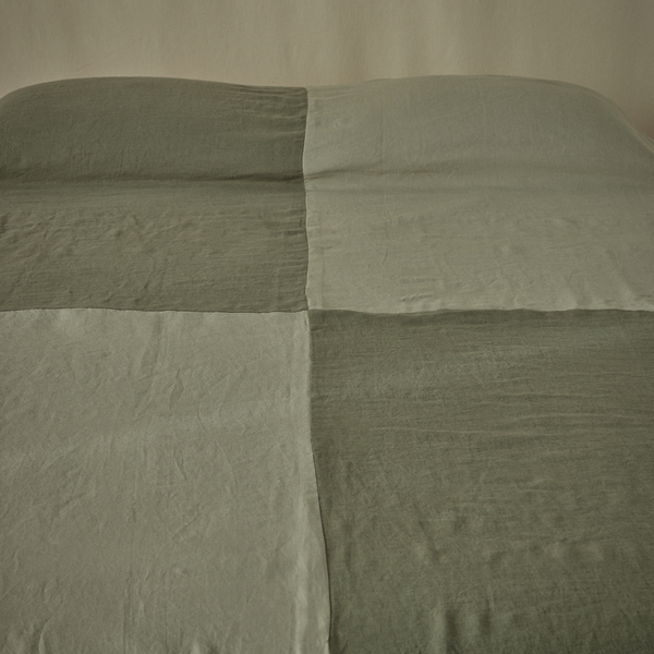 Atelier Reversible Patchwork Bedcover in Khaki & Stone + Pine & White