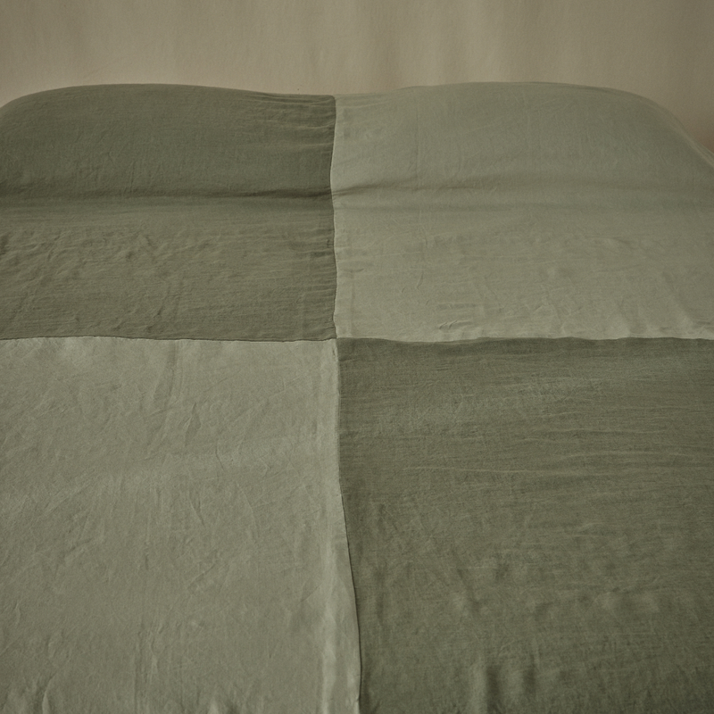 Atelier Reversible Patchwork Bedcover in Khaki & Stone + Pine & White