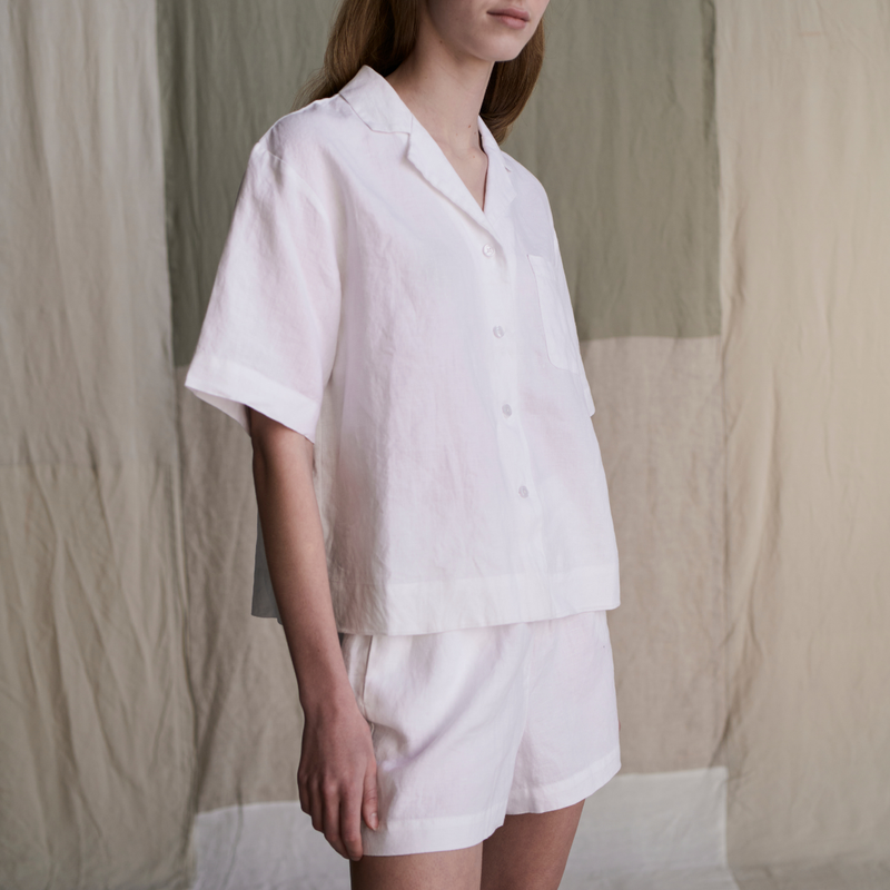 100% Linen Short Sleeve Sleepwear Set in White - Womens