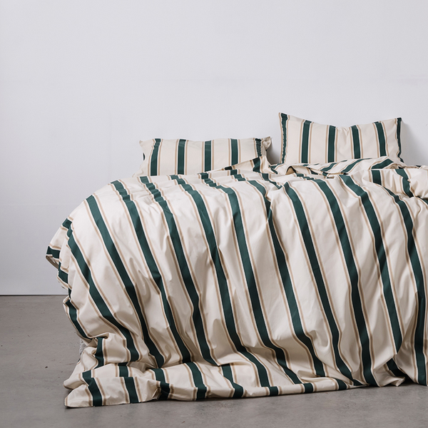 Organic Cotton Percale Duvet Cover in Green Stripe