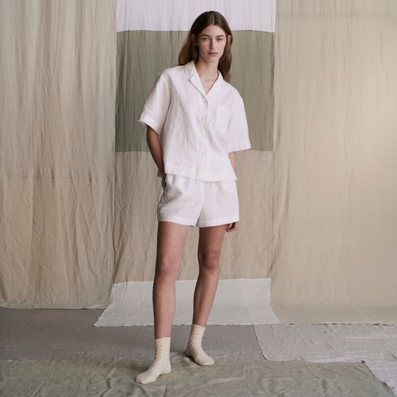 100% Linen Short Sleeve Sleepwear Set in White - Womens