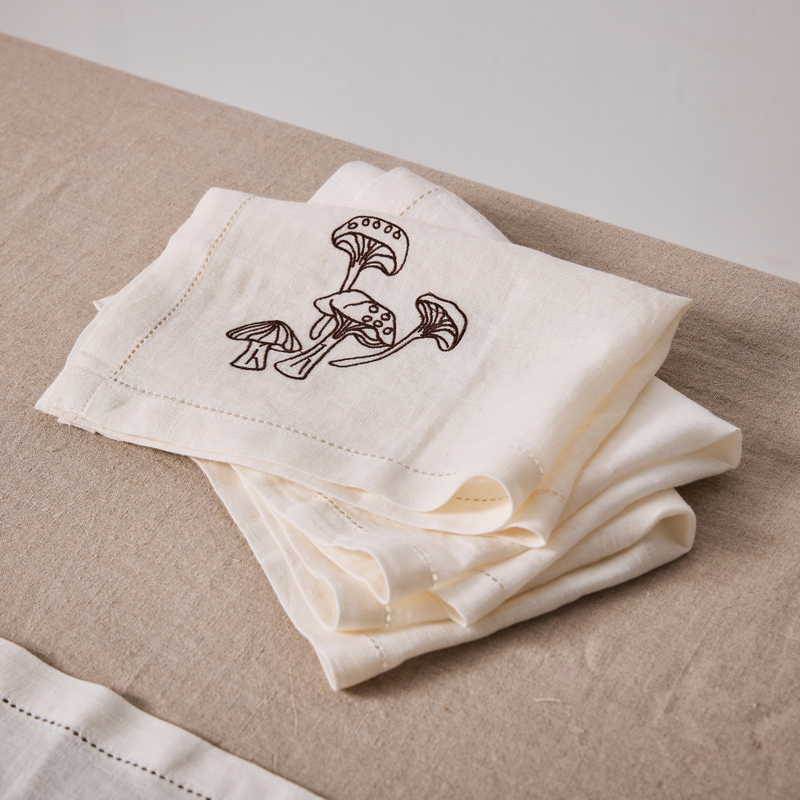 100% Linen Napkin Set with Hem Stitch & Embroidery Detail in Off White