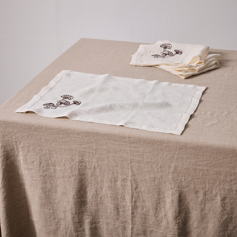 100% Linen Placemat Set with Hem Stitch & Embroidery Detail in White