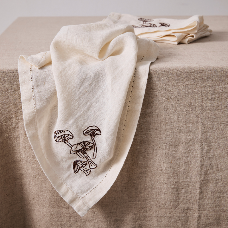 100% Linen Napkin Set with Hem Stitch & Embroidery Detail in White