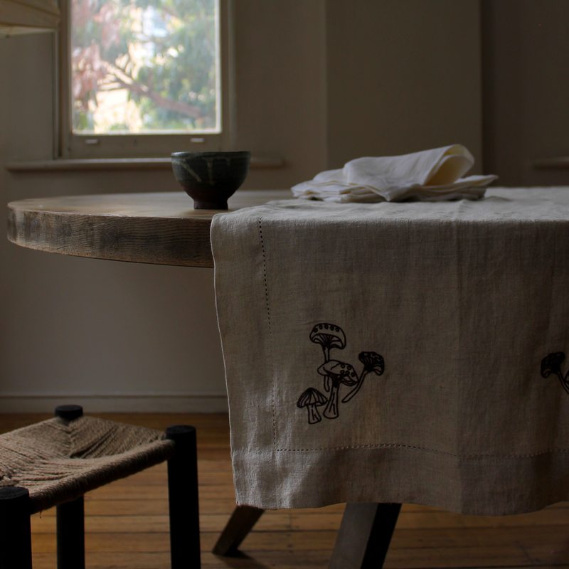 100% Linen Table Runner with Hem Stitch & Embroidery Detail in White