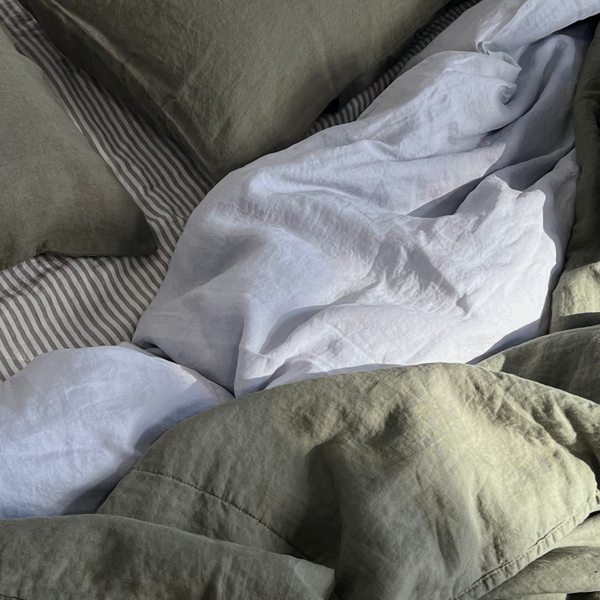 100% Linen Mixed Bedding & Quilt Set - Mist, Khaki & Stripe