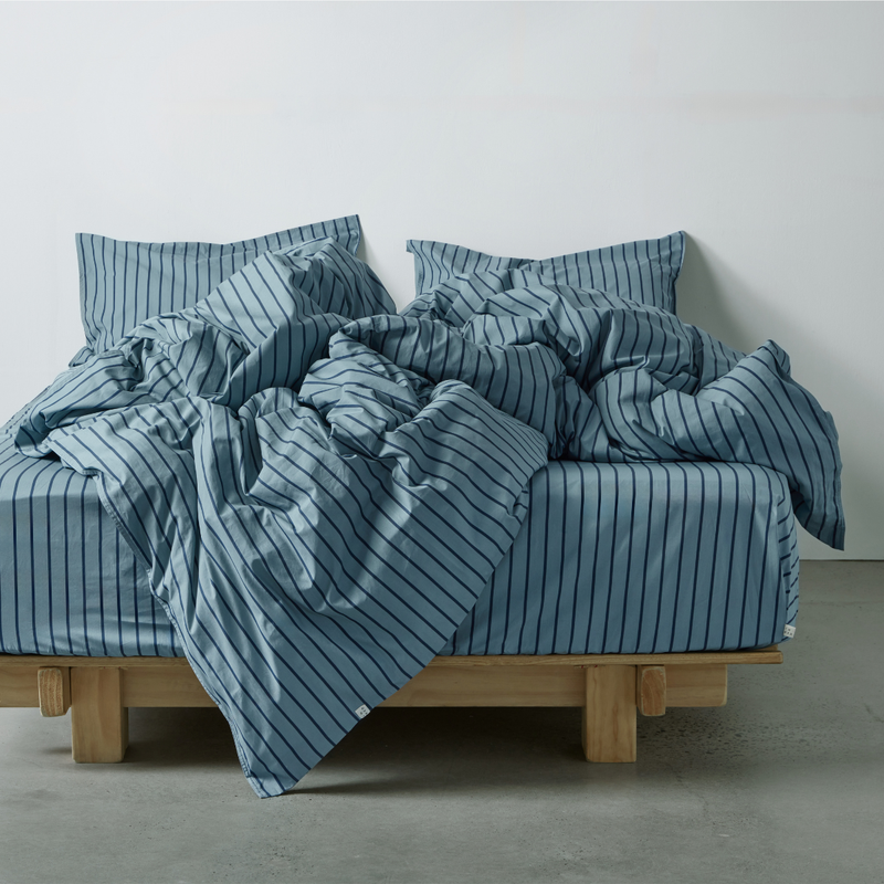 Organic Cotton Percale 300TC Duvet Set in Mineral & Navy Stripe