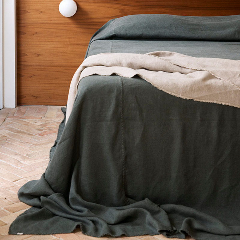 Oversized Heavy Linen Bed Cover in Pine