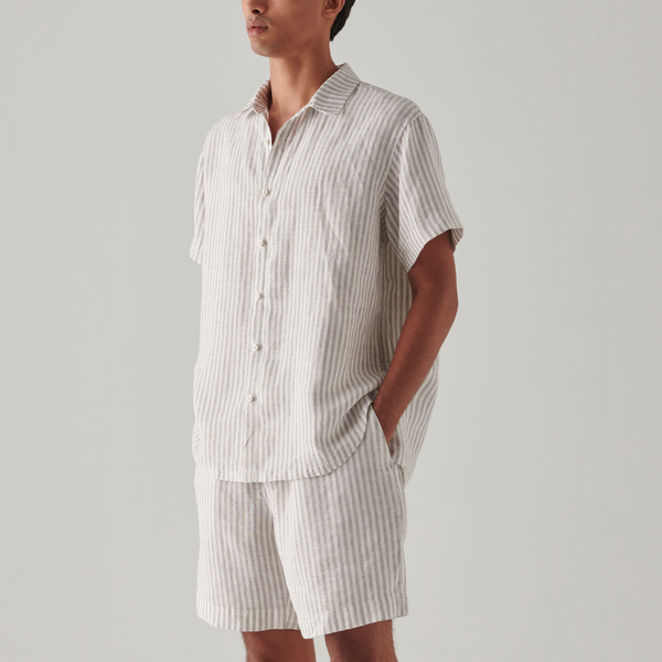 100% Linen Short Sleeve Sleepwear Set in Grey & White Stripe - Mens