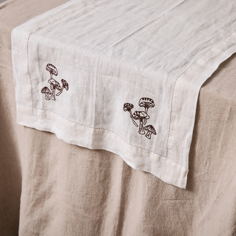 100% Linen Table Runner with Hem Stitch & Embroidery Detail in White