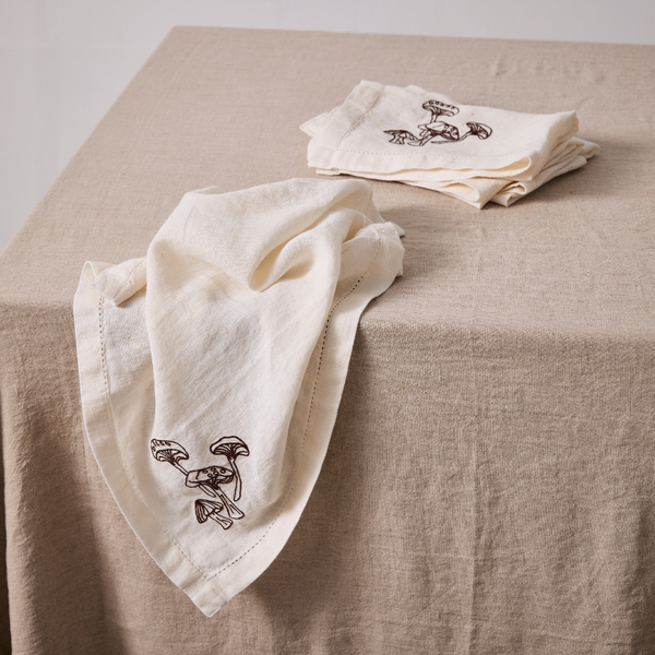 100% Linen Napkin Set with Hem Stitch & Embroidery Detail in Off White