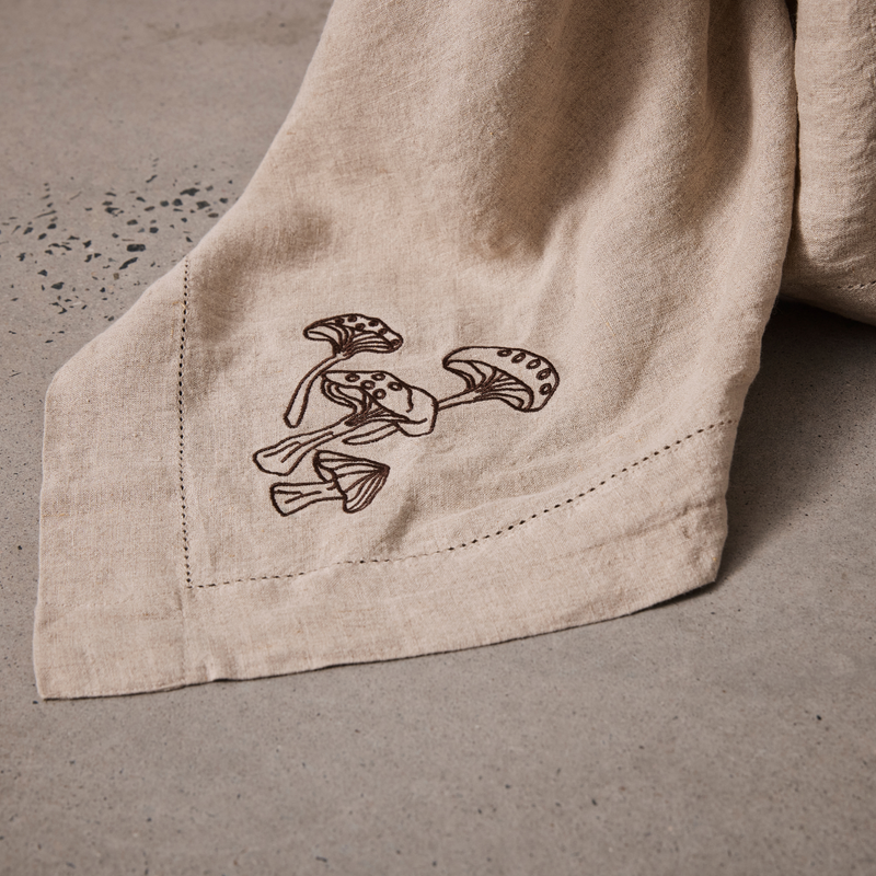 100% Linen Table Cloth with Hem Stitch & Embroidery Detail in Natural