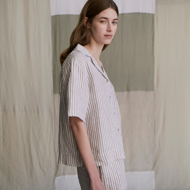 100% Linen Boxy Short Sleeve Shirt in Grey & White Stripe