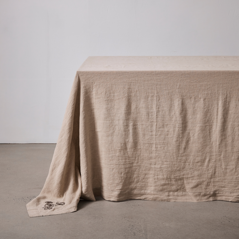 100% Linen Table Cloth with Hem Stitch & Embroidery Detail in Natural