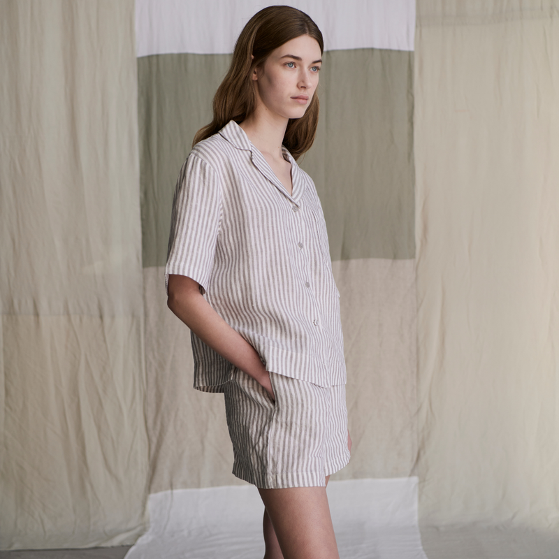 100% Linen Short Sleeve Sleepwear Set in Stripe - Womens