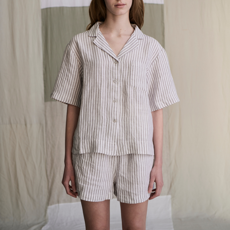 100% Linen Boxy Short Sleeve Shirt in Grey & White Stripe