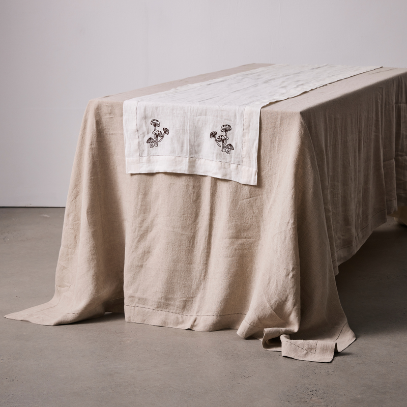 100% Linen Table Runner with Hem Stitch & Embroidery Detail in White