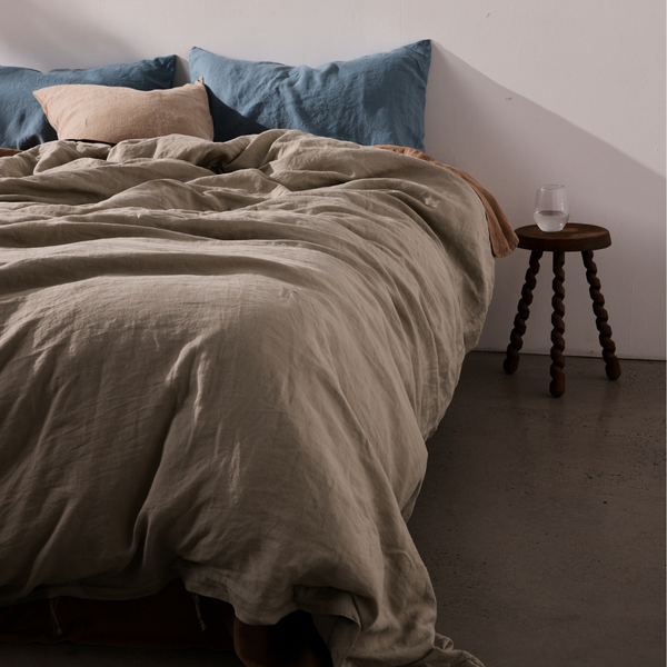 100% Linen Mixed Bedding Set - Dove Grey, Chestnut & Lake