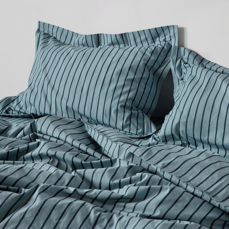 Organic Cotton Percale 300TC Duvet Cover in Mineral & Navy Stripe