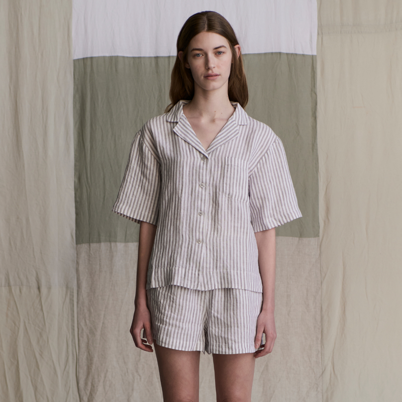 100% Linen Short Sleeve Sleepwear Set in Stripe - Womens