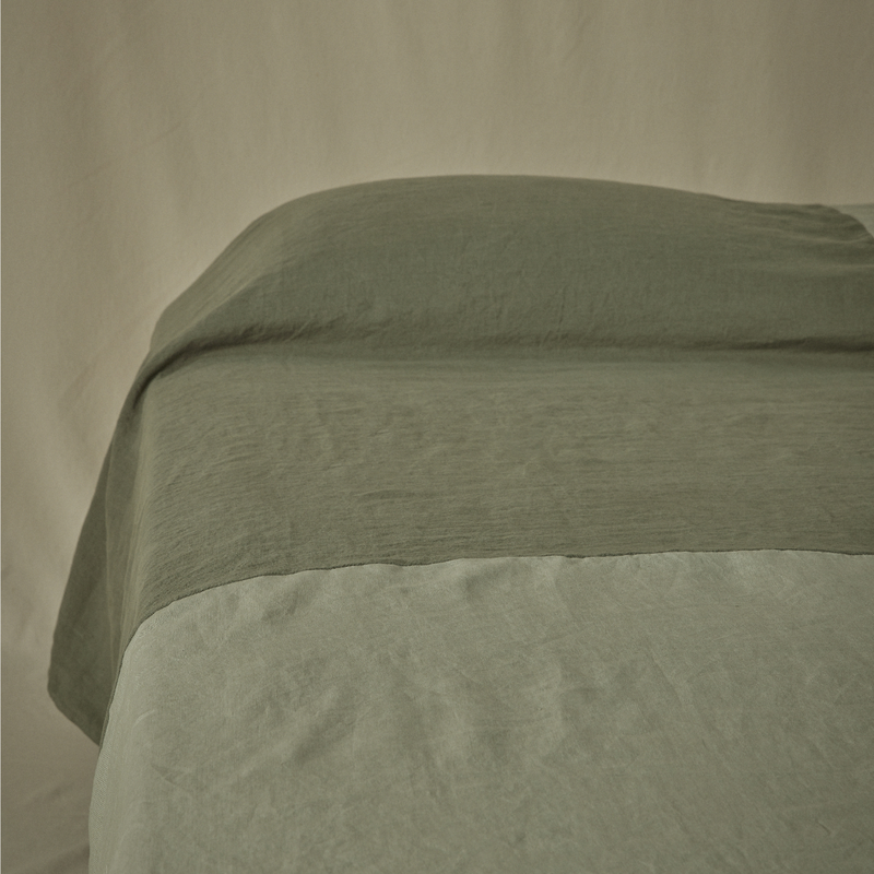 Atelier Reversible Patchwork Bedcover in Khaki & Stone + Pine & White