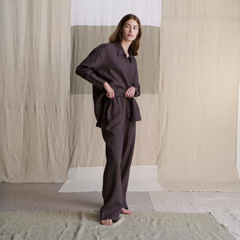 100% Linen Long Sleeve Sleepwear Set in Kohl - Womens