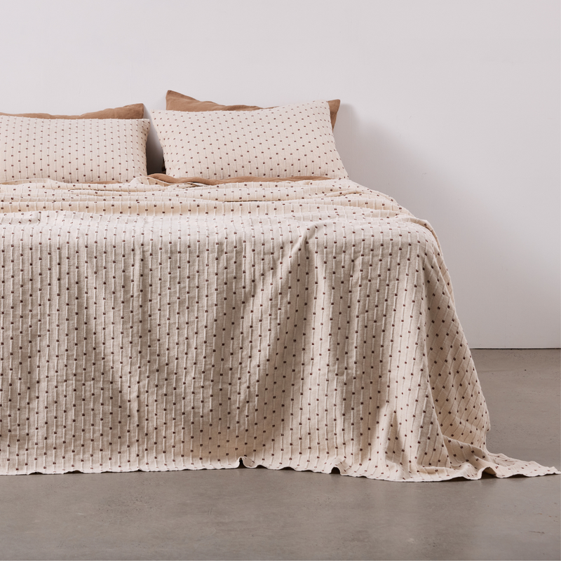 100% Organic Textured Cotton Bed Cover in Off White & Umber