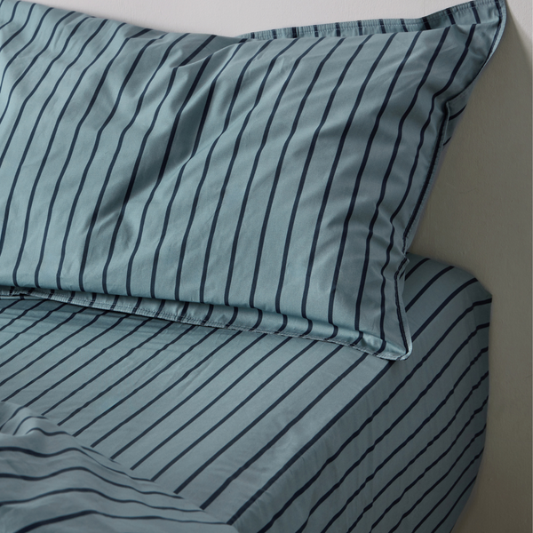 Organic Cotton 300TC Percale Fitted Sheet in Mineral & Navy Stripe