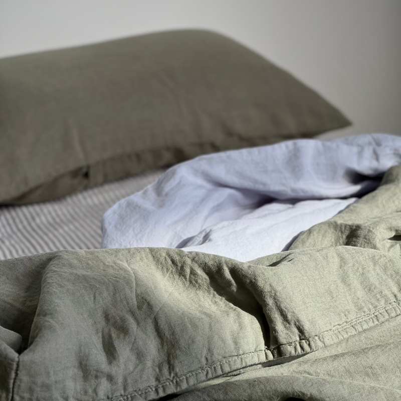 100% Linen Mixed Bedding & Quilt Set - Mist & Khaki