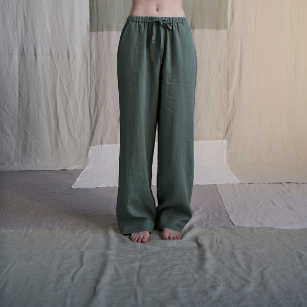 100% Linen Wide Leg Pants in Khaki