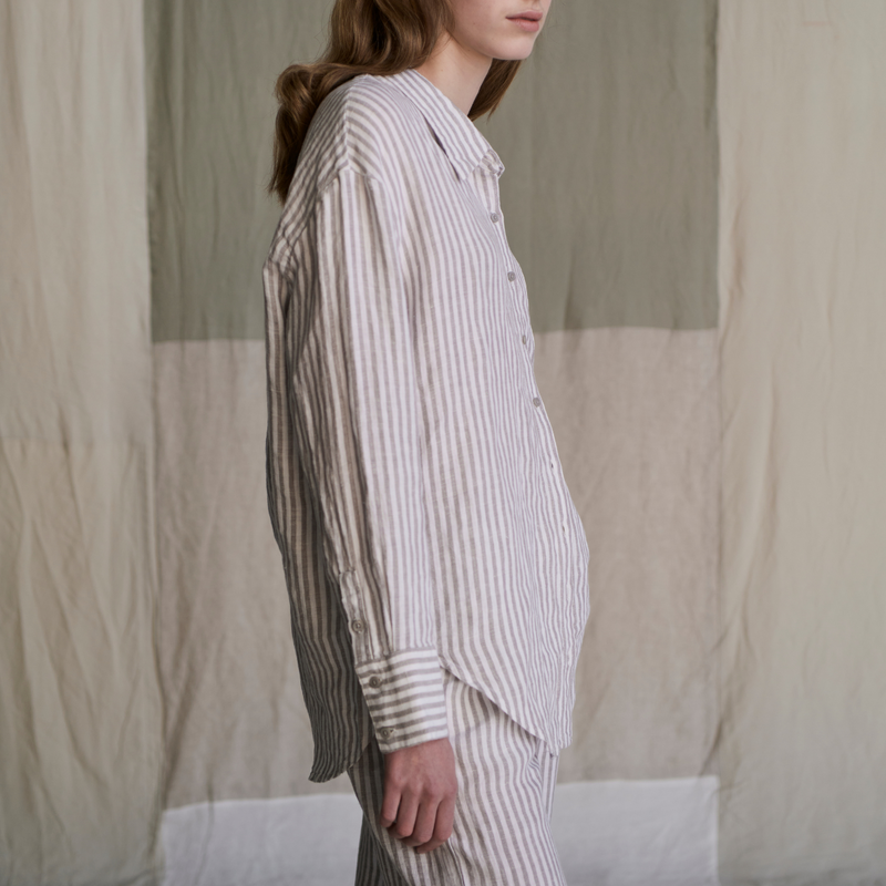 100% Linen Oversized Shirt in Grey & White Stripe