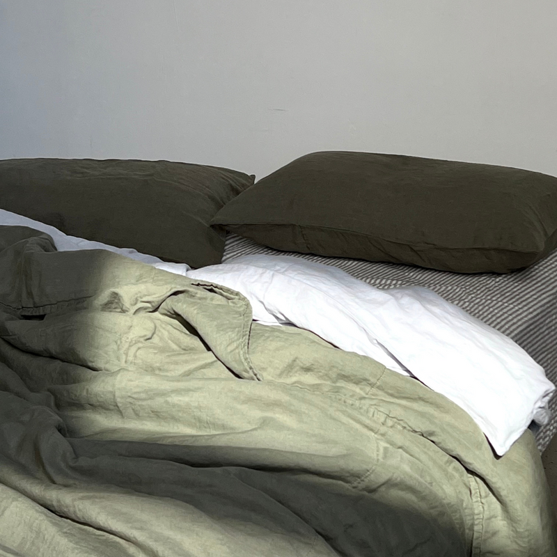 100% Linen Mixed Bedding & Quilt Set - Mist & Khaki