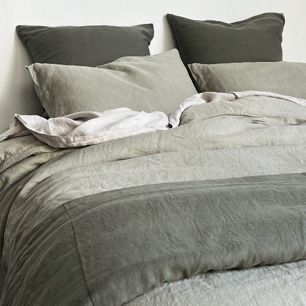 100% Linen Mixed Bedding & Quilt Set - Stone, Khaki & Dove Grey