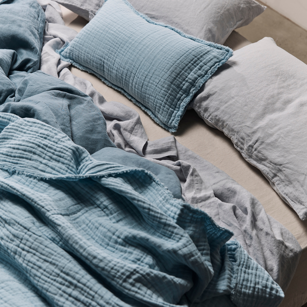 Cotton & Hemp Bed Cover & Cushion Set in Dusk Blue