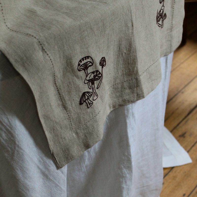 100% Linen Table Runner with Hem Stitch & Embroidery Detail in Natural