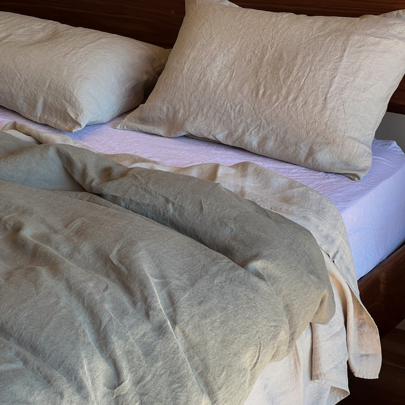 100% Linen Mixed Bedding Set - Stone, Lilac & Khaki