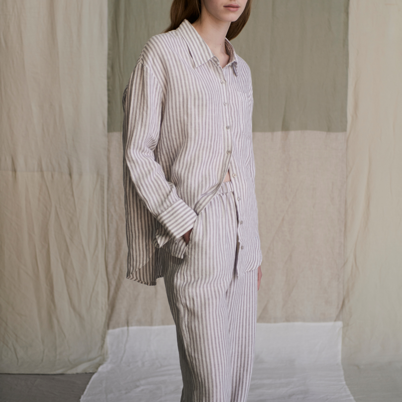 100% Linen Long Sleeve Sleepwear Set in Grey & White Stripe - Womens