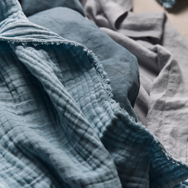 Cotton & Hemp Bed Cover & Cushion Set in Dusk Blue