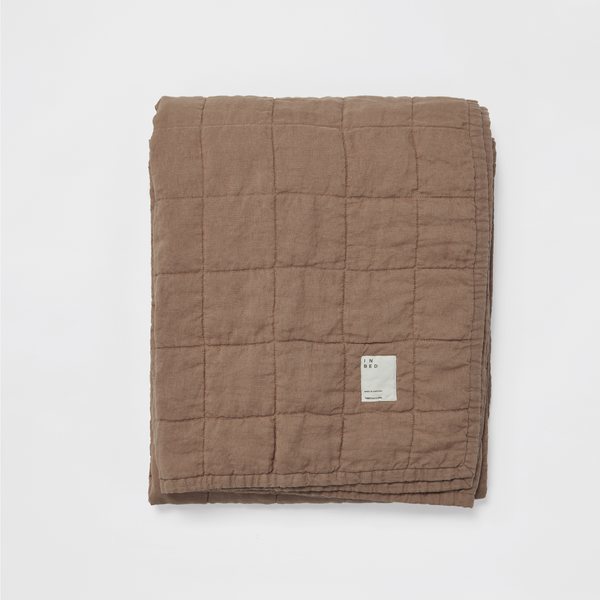 100% Linen Two Tone Quilted Bed Cover in Chestnut & Mist