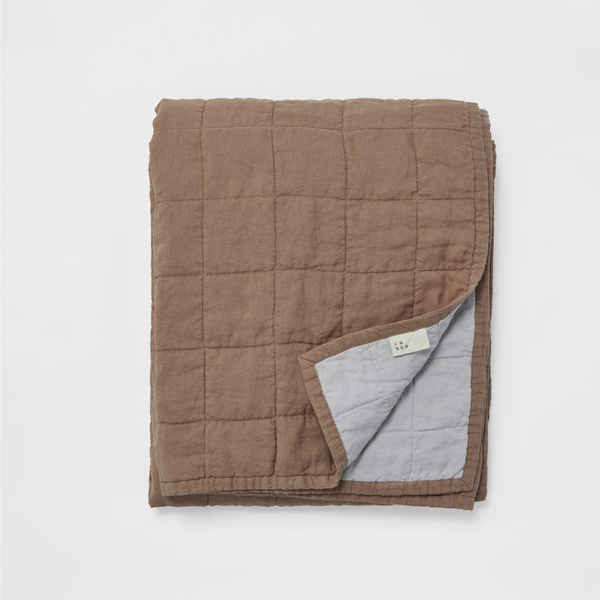 100% Linen Two Tone Quilted Bed Cover in Chestnut & Mist