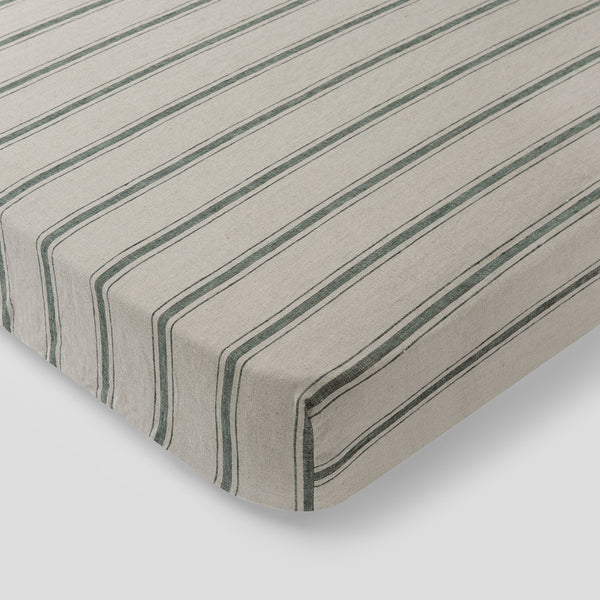 100% Linen Fitted Cot Sheet in Pine Stripe