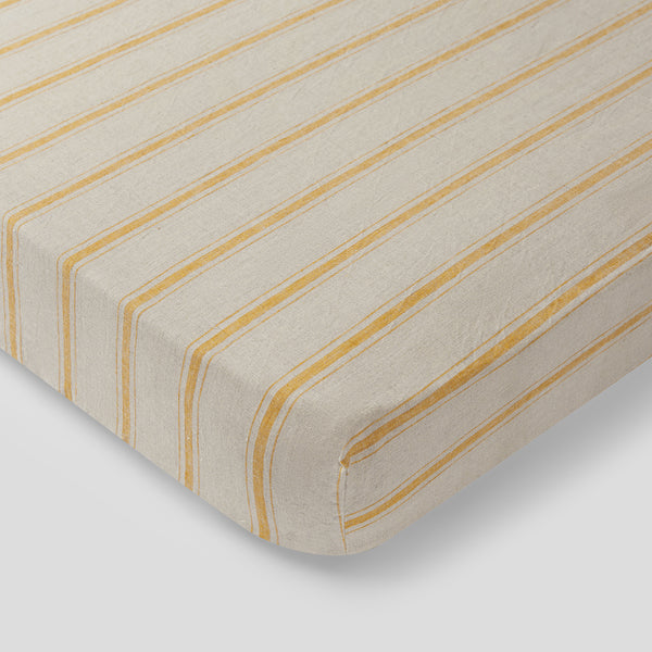 100% Linen Fitted Cot Sheet in Marigold Stripe