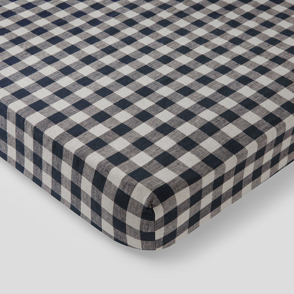 100% Linen Fitted Cot Sheet in Navy Gingham