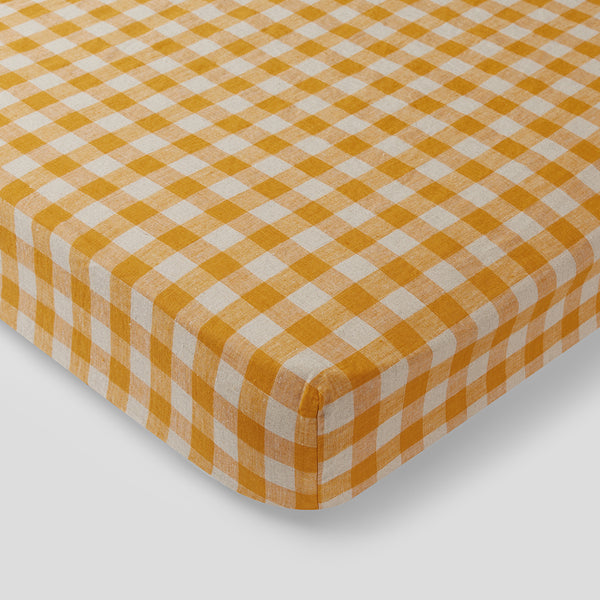 100% Linen Fitted Cot Sheet in Marigold Gingham
