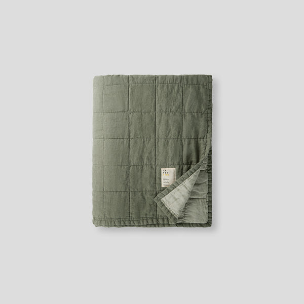100% Linen Kids Quilted Bed Cover in Khaki & Stone