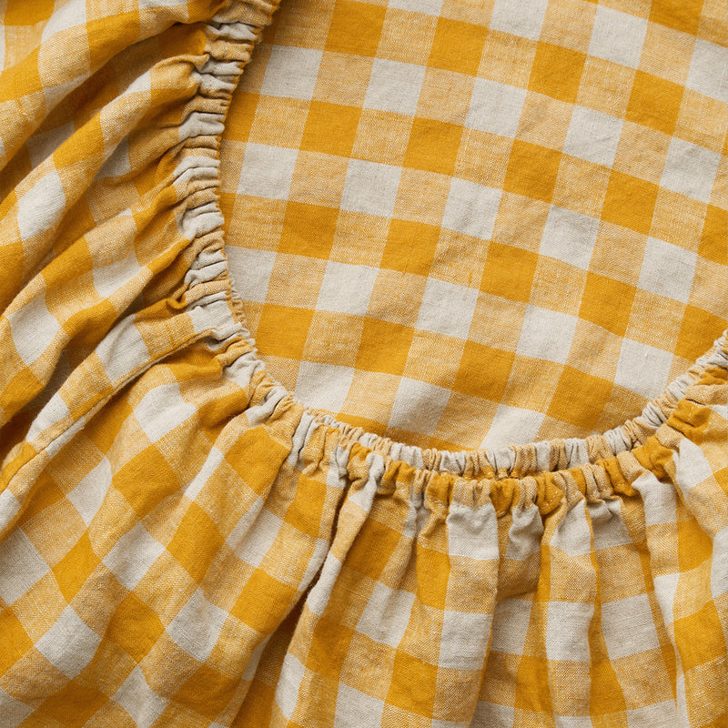 100% Linen Fitted Sheet in Marigold Gingham