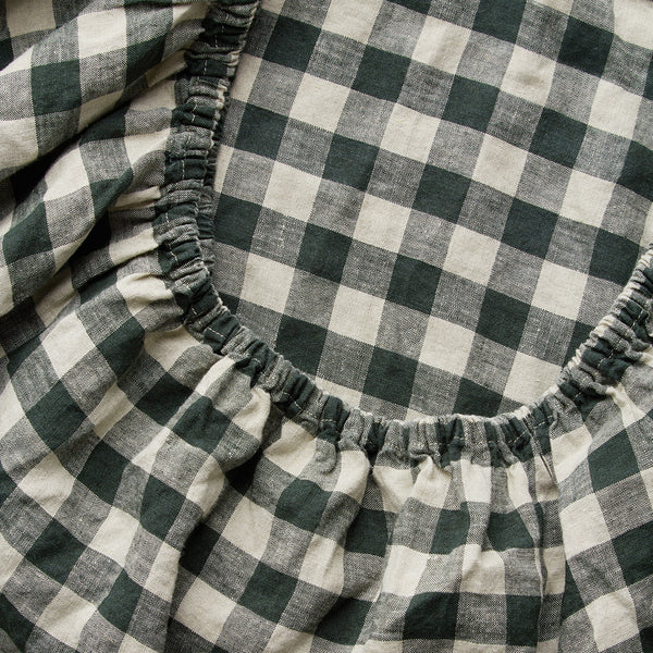 100% Linen Fitted Sheet in Pine Gingham